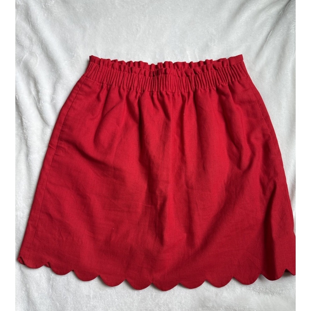 J.Crew Linen Blend Scalloped Hem Skirt Womens Size 4 Red Elastic Waist‎ Pockets
